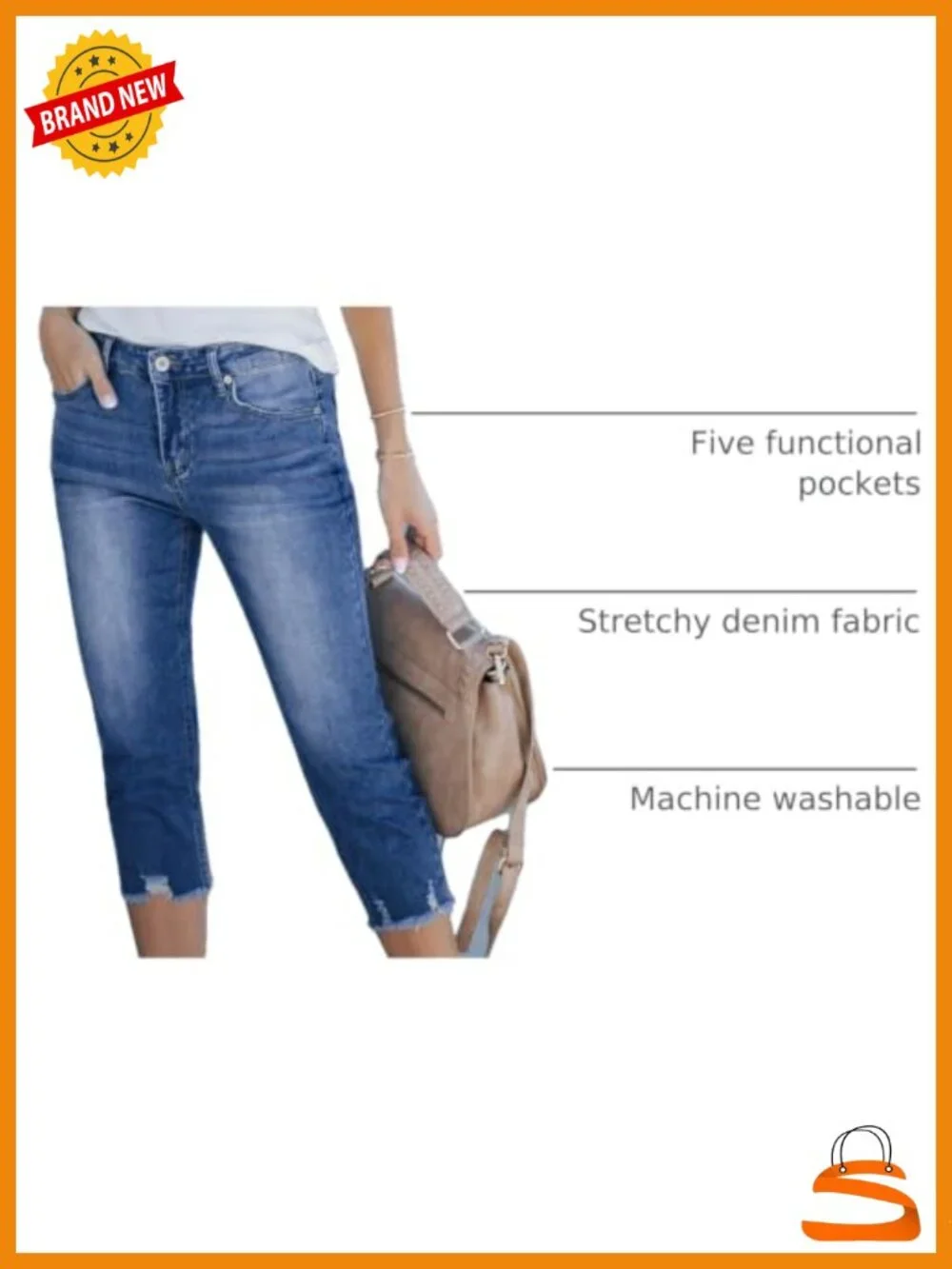 High Waisted Ripped Skinny Denim Capris Stretchy Jeggings with Pockets